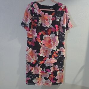 SLNY Black and Pink Floral Tiered Dress